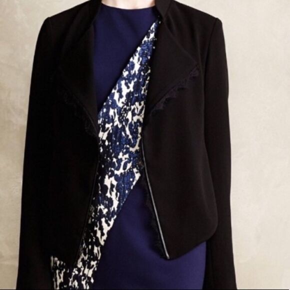 Anthro Elevenses Black Lace Trim Blazer - Picture 1 of 8